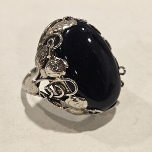 14k White Gold Black Onyx Oval Filigree Ornate Ring